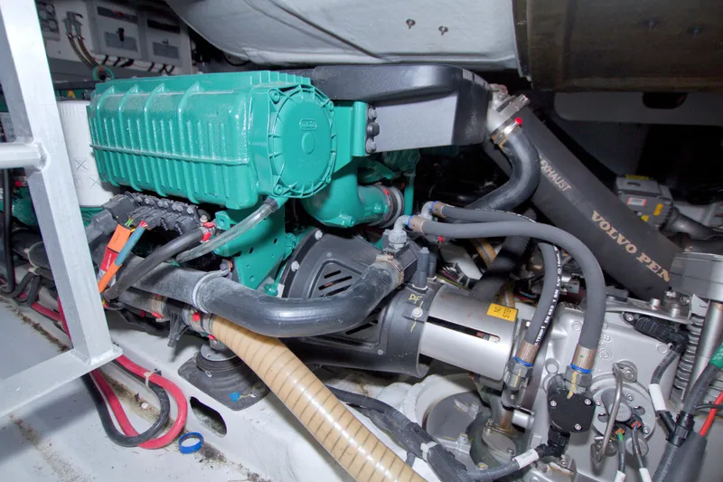 Gail Force Yacht Photos Pics Engine compartment of 2019 Beneteau Gran Turismo 50 with Volvo Penta components.