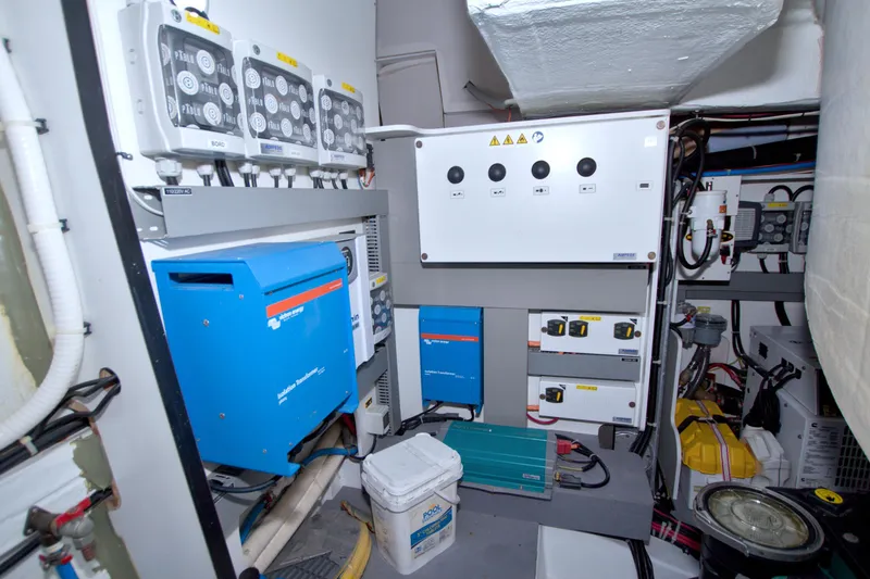 Gail Force Yacht Photos Pics Engine room of 2019 Beneteau Gran Turismo 50 with electrical systems and equipment.