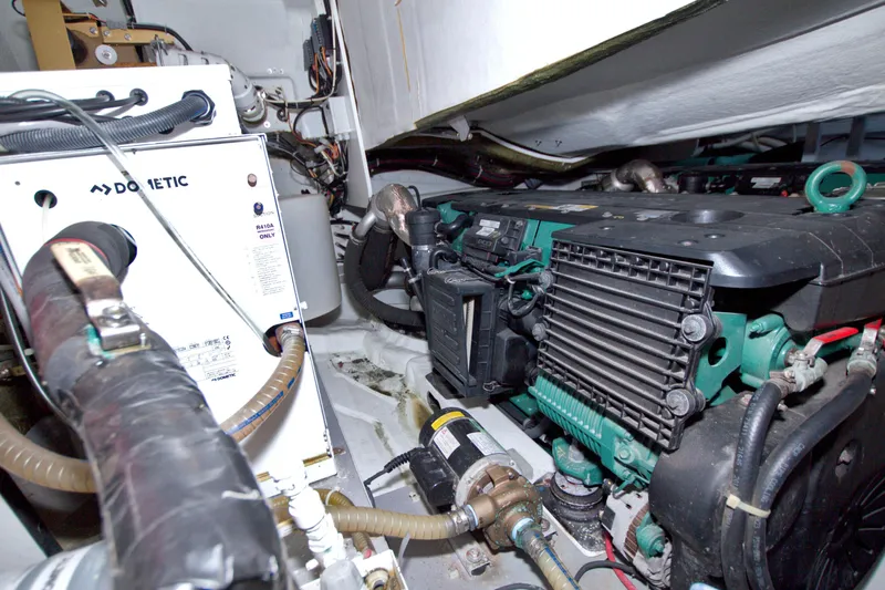 Gail Force Yacht Photos Pics Engine room of 2019 Beneteau Gran Turismo 50, featuring Dometic equipment and mechanical components.