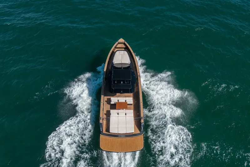 Morgan 1 Yacht Photos Pics 2023 Pardo Yachts 43 cruising on open water, aerial view.