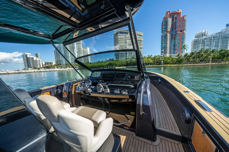 Morgan 1 Yacht Photos Pics Luxurious 2023 Pardo Yachts 43 interior with city skyline view, featuring sleek design and modern controls.