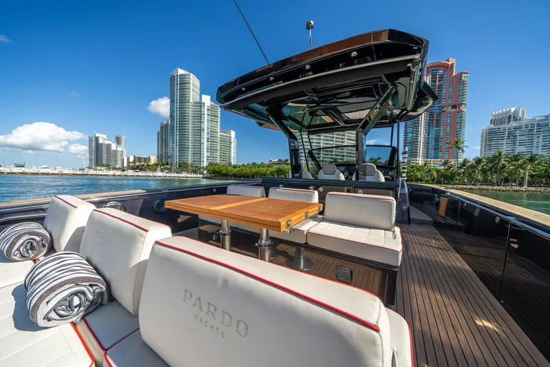 Morgan 1 Yacht Photos Pics Luxurious 2023 Pardo Yachts 43 with elegant seating, docked near modern cityscape.