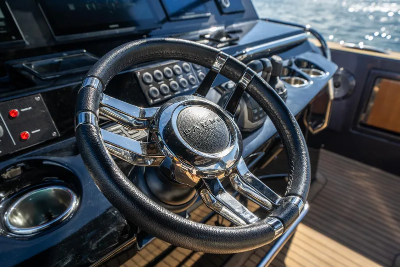 Morgan 1 Yacht Photos Pics Steering wheel of 2023 Pardo Yachts 43, showcasing sleek design and advanced controls.
