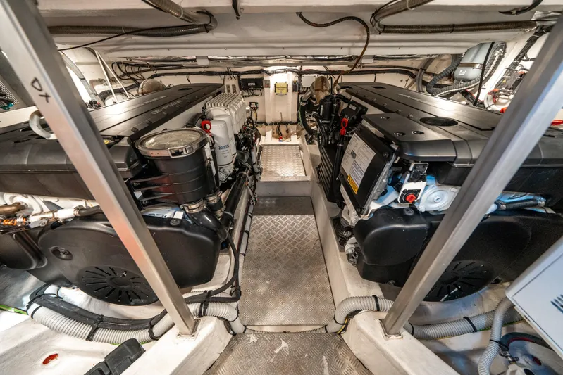 Morgan 1 Yacht Photos Pics Engine room of 2023 Pardo Yachts 43, showcasing dual engines and mechanical systems.