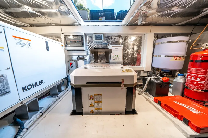 Morgan 1 Yacht Photos Pics Engine room of 2023 Pardo Yachts 43, featuring Kohler generator and safety equipment.