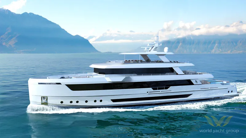 Project Artemis Yacht Photos Pics Luxurious 2026 Custom Project Artemis yacht cruising on serene waters with mountainous backdrop.