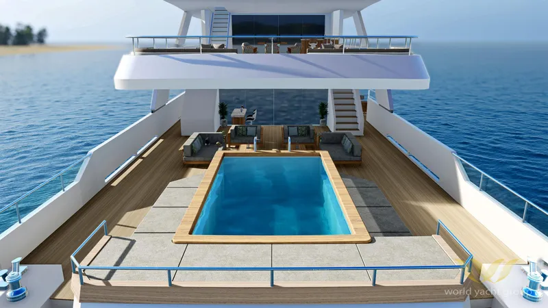 Project Artemis Yacht Photos Pics Luxurious yacht deck with pool, Custom Project Artemis 2026, ocean view, elegant seating area.