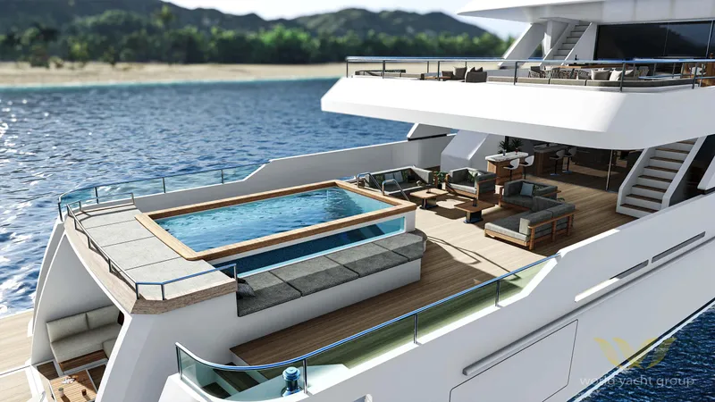 Project Artemis Yacht Photos Pics Luxurious yacht deck with pool, lounge area; Custom Project Artemis 2026 model.