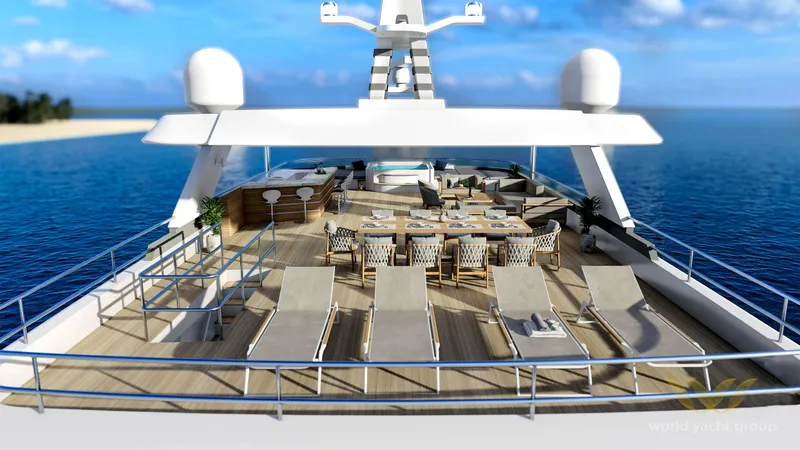 Project Artemis Yacht Photos Pics Luxurious 2026 Custom Project Artemis yacht deck with sun loungers and dining area.