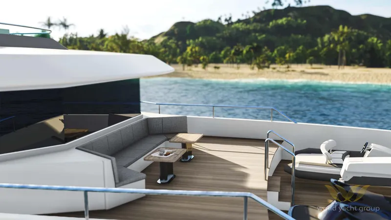 Project Artemis Yacht Photos Pics Luxurious yacht deck of Custom Project Artemis 2026, overlooking tropical island and ocean.