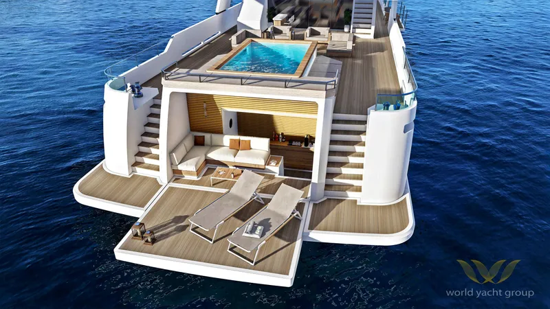 Project Artemis Yacht Photos Pics Luxurious yacht "Project Artemis" 2026 with pool and sun loungers on the deck.
