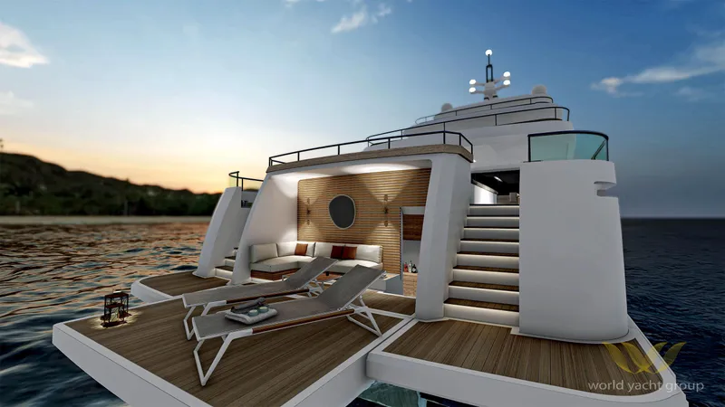Project Artemis Yacht Photos Pics Luxurious 2026 Custom Project Artemis yacht with elegant deck and sunset view.