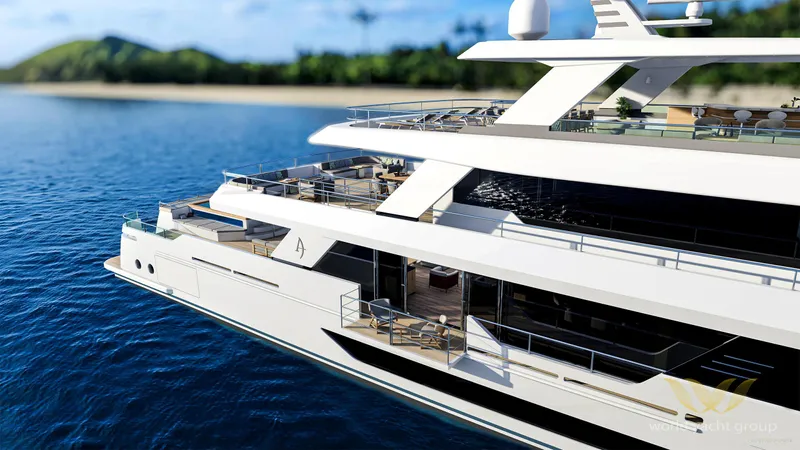 Project Artemis Yacht Photos Pics Luxurious 2026 Custom Project Artemis yacht cruising near a tropical island.