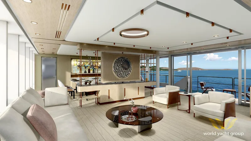 Project Artemis Yacht Photos Pics Luxurious yacht interior with ocean view, featuring modern decor and elegant furnishings, Project Artemis 2026.