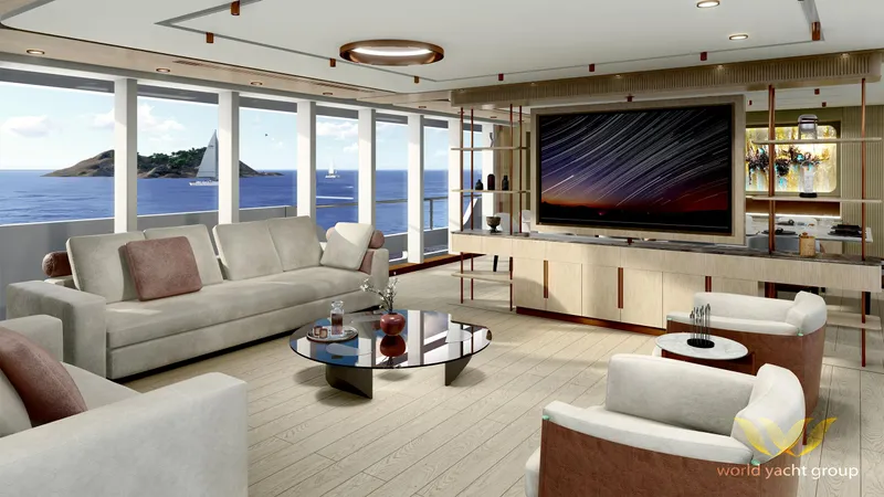 Project Artemis Yacht Photos Pics Luxurious yacht interior with modern decor, large windows, and ocean view; Project Artemis 2026.