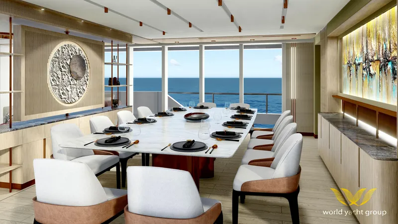Project Artemis Yacht Photos Pics Luxurious yacht dining room with ocean view, elegant decor, and modern furnishings, Project Artemis 2026.