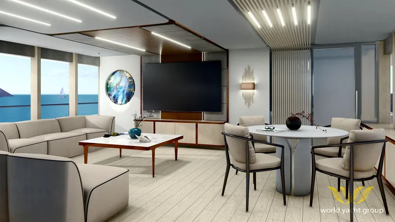 Project Artemis Yacht Photos Pics Luxurious yacht interior with modern decor, large windows, and elegant seating, Project Artemis 2026.