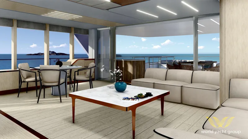 Project Artemis Yacht Photos Pics Luxurious yacht interior with ocean view, modern furniture, and elegant decor, Project Artemis 2026.