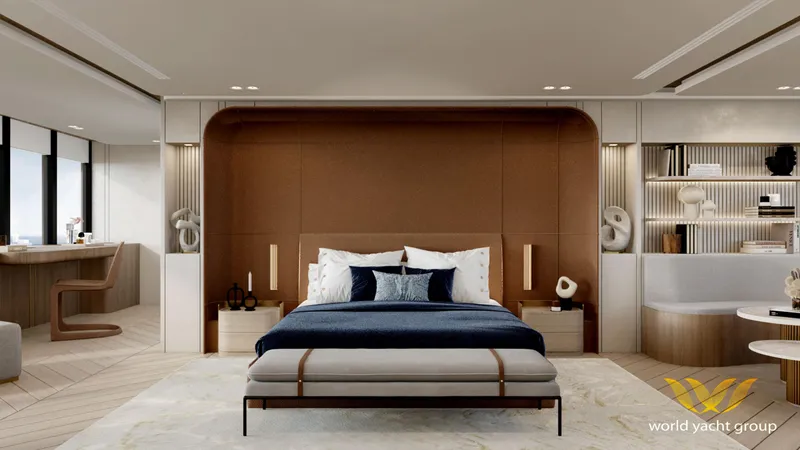 Project Artemis Yacht Photos Pics Luxurious yacht bedroom interior, Project Artemis 2026, featuring modern design and elegant furnishings.