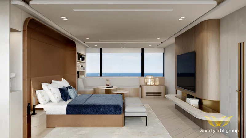 Project Artemis Yacht Photos Pics Luxurious yacht bedroom with ocean view, modern design, and elegant furnishings, Project Artemis 2026.