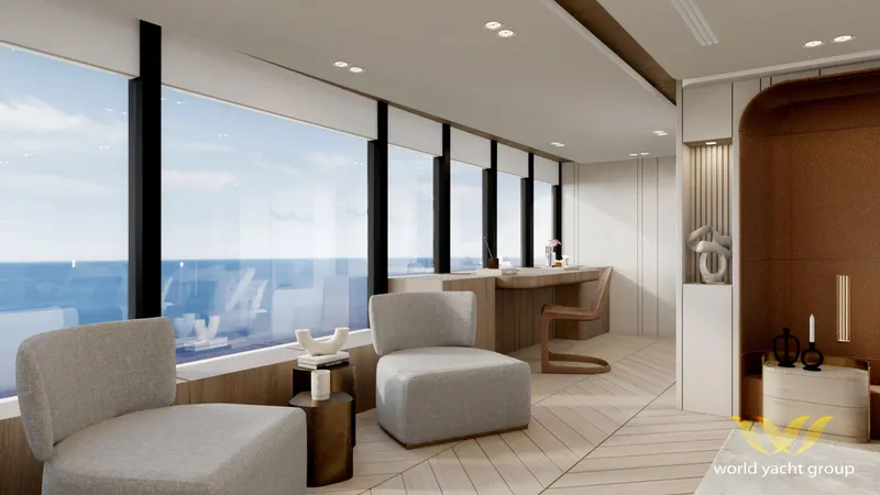 Project Artemis Yacht Photos Pics Luxurious yacht interior with ocean view, featuring modern seating and elegant decor, Project Artemis 2026.