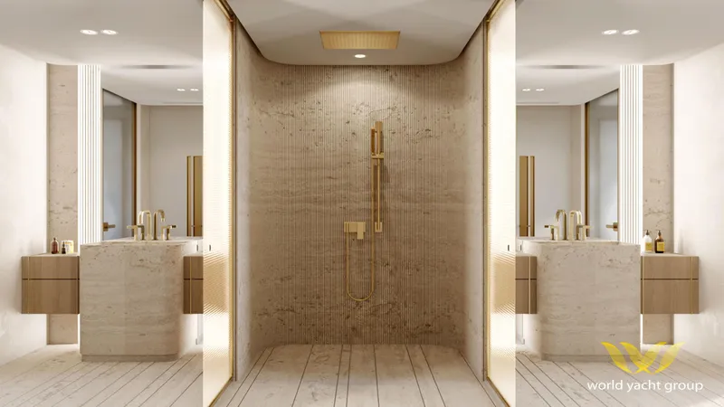Project Artemis Yacht Photos Pics Luxurious yacht bathroom with modern design, featuring dual sinks and a central shower, Project Artemis 2026.