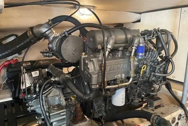 Perseus Yacht Photos Pics Engine of 2008 Mainship 34 Trawler Hardtop, showcasing intricate mechanical components.