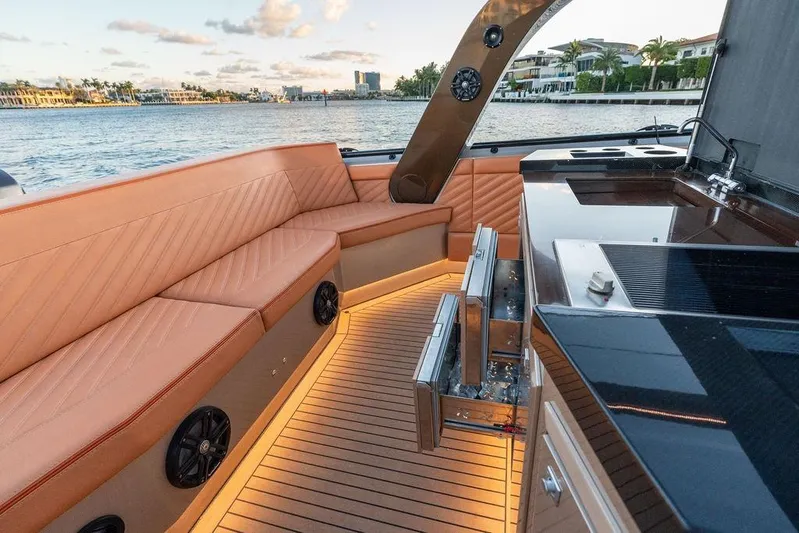  Yacht Photos Pics Luxurious DeKoning 43 yacht interior with elegant seating and modern amenities, 2023 model.