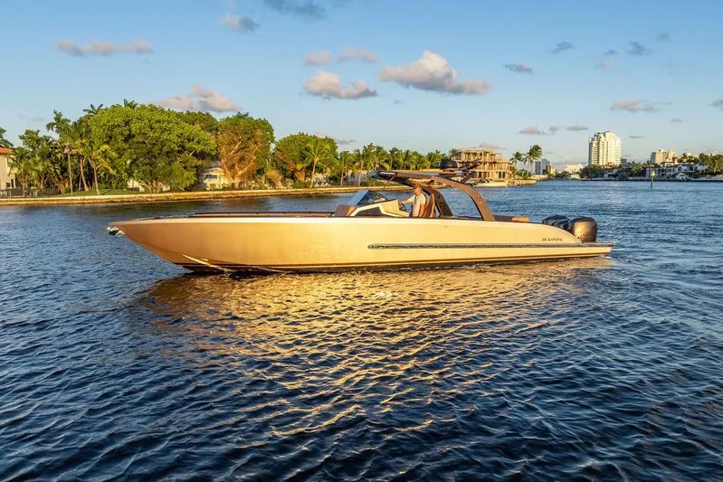  Yacht Photos Pics Luxury DeKoning 43 boat cruising on a sunny day, 2023 model.