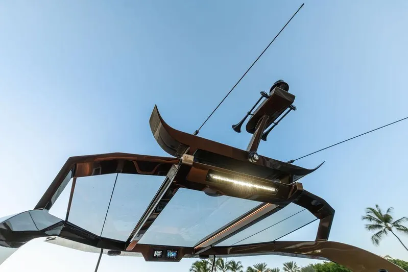  Yacht Photos Pics Modern DeKoning 43 yacht roof with sleek design and advanced equipment, 2023 model.