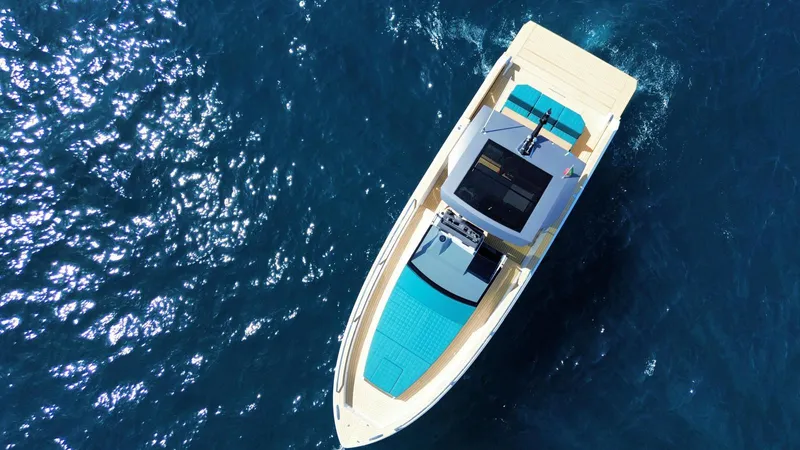 Fiart 39 Sw Yacht Photos Pics 2024 Fiart 39 Seawalker yacht on blue ocean, aerial view.