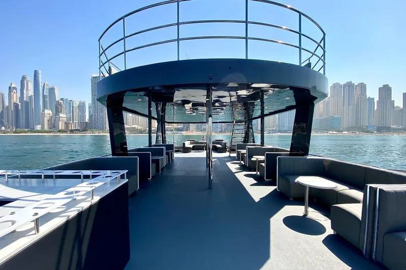  Yacht Photos Pics Luxurious Custom Yacht 125 interior with city skyline view, 2002 model.