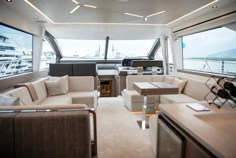  Yacht Photos Pics Luxurious interior of 2025 Sunseeker Manhattan 68 yacht with modern seating and panoramic windows.