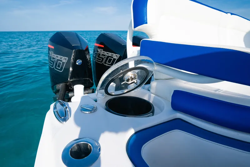  Yacht Photos Pics 2022 Nor-Tech 392 Super Fish boat with dual 450 Racing engines on blue ocean.