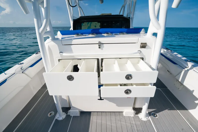  Yacht Photos Pics 2022 Nor-Tech 392 Super Fish boat with open storage drawers on deck.