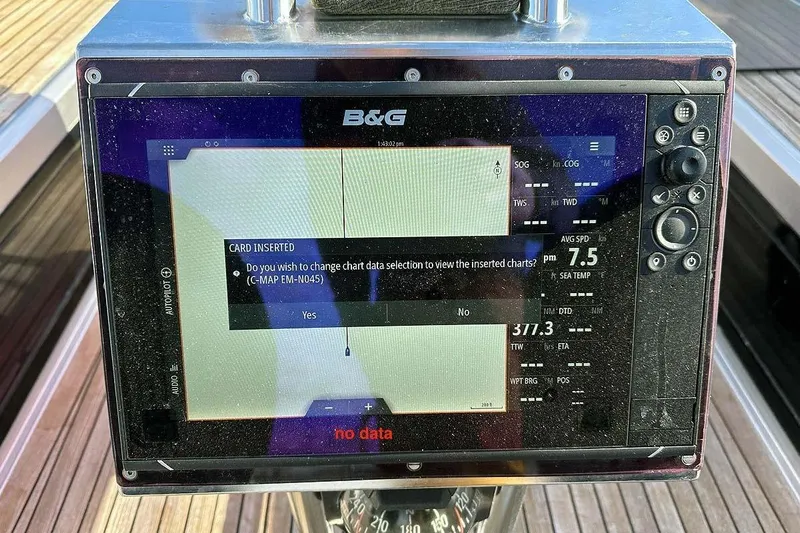  Yacht Photos Pics B&G navigation display on a 2010 Hanse 545 yacht showing chart data selection prompt.