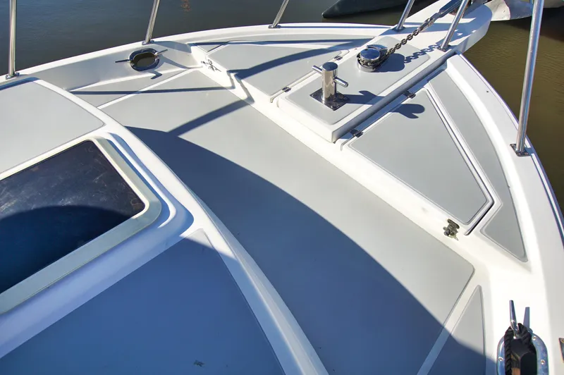 Funky Monkey Yacht Photos Pics Deck of 2001 Monk 36 (Hull #215) boat with hatches and anchor chain.