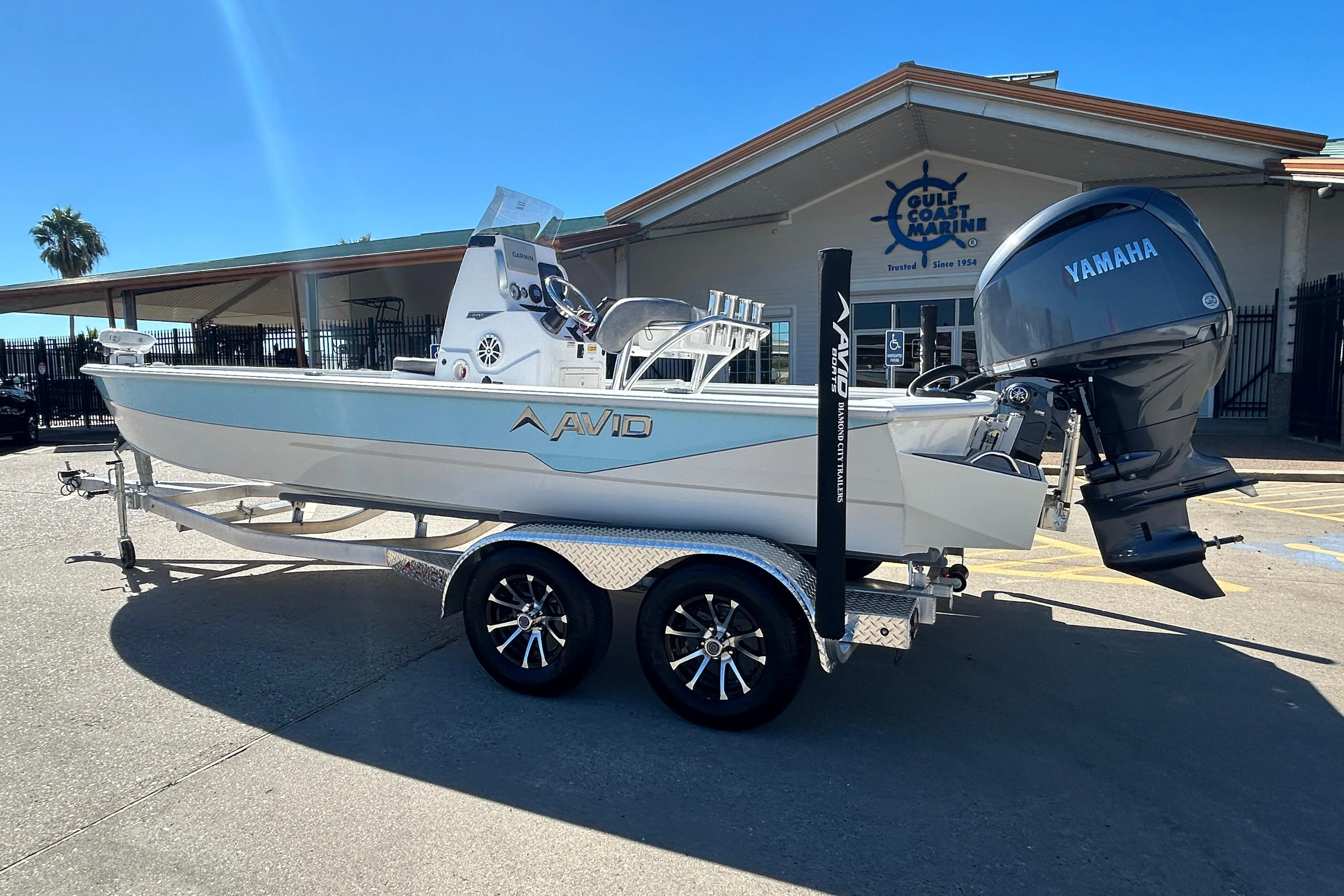 2025 Avid 21 FST boat with Yamaha engine on trailer at Gulf Coast Marine.