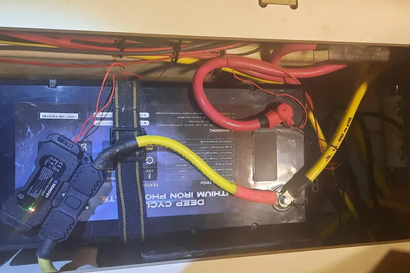 Free Range Yacht Photos Pics Lithium iron phosphate battery with cables in a 2005 Hunter 44.