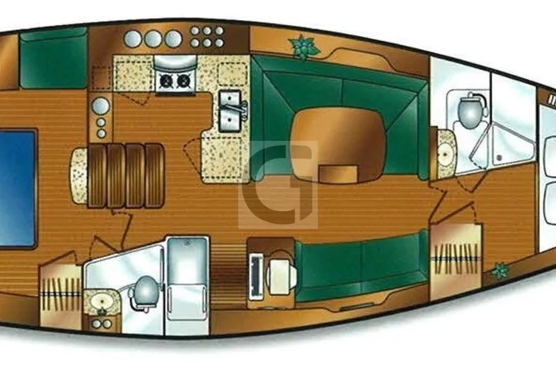 Free Range Yacht Photos Pics Floor plan of a 2005 Hunter 44 yacht, featuring kitchen, seating, and bathroom areas.