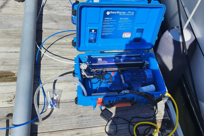 Free Range Yacht Photos Pics Portable Seawater Pro water maker on dock, Hunter 44, 2005 model.