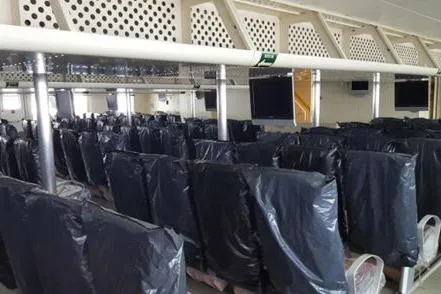  Yacht Photos Pics Interior of 2006 FBMA Philippines SWATH Slice Crew Transport Vessel with covered seats.