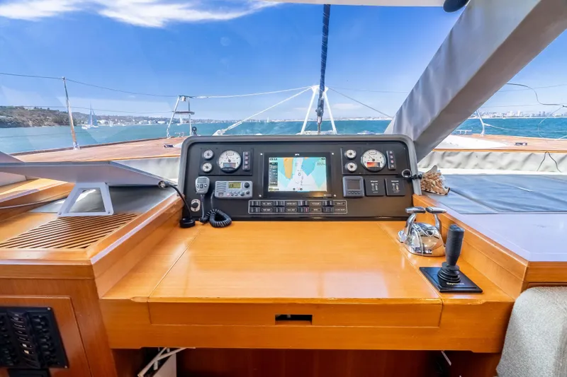Chasing Waterfalls Yacht Photos Pics Cockpit of 2014 Tayana Isara 50 yacht with navigation instruments and ocean view.