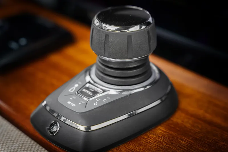  Yacht Photos Pics Joystick control on Wiszniewski Yachts W43, 2025 model, on a wooden panel.