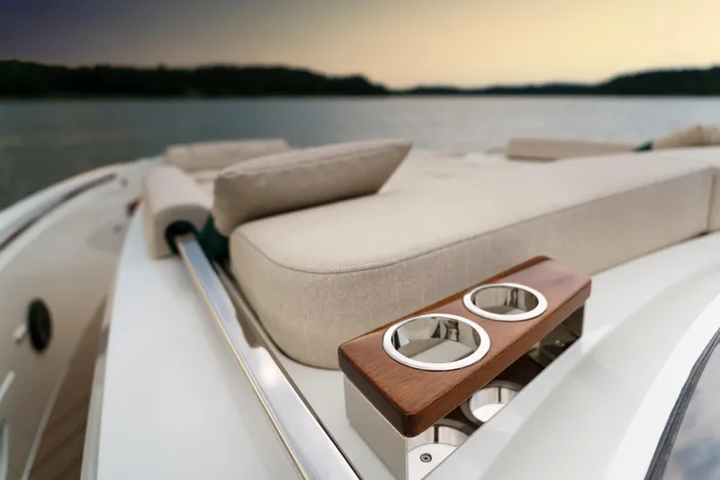  Yacht Photos Pics Luxurious Wiszniewski Yachts W43, 2025 model, featuring elegant deck seating and cup holders.