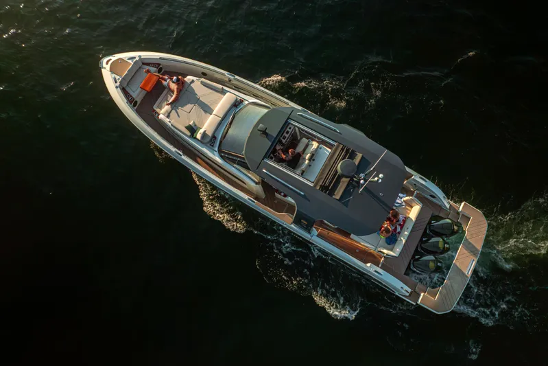  Yacht Photos Pics Aerial view of 2025 Wiszniewski Yachts W43 cruising on open water.