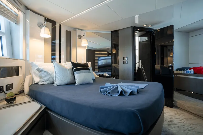 Hard To Get Yacht Photos Pics Luxurious bedroom interior of 2019 Azimut S7 yacht with modern design and elegant decor.