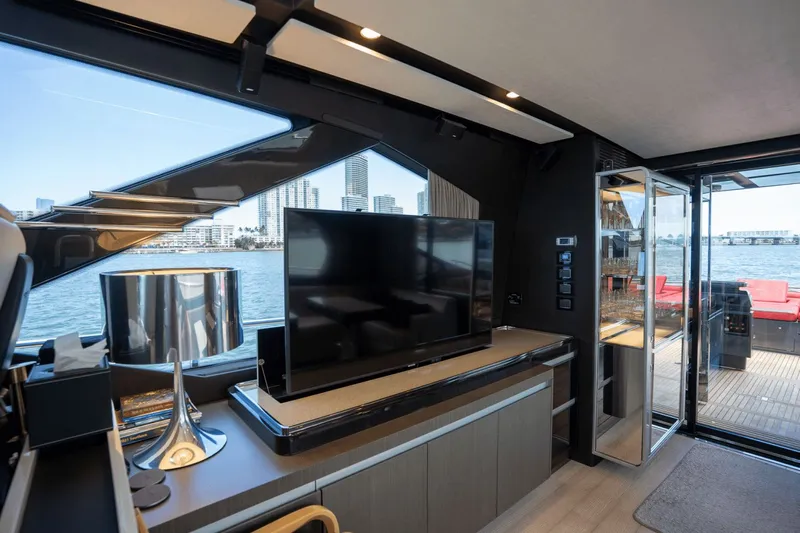 Hard To Get Yacht Photos Pics Luxurious interior of 2019 Azimut S7 yacht with modern decor and waterfront view.