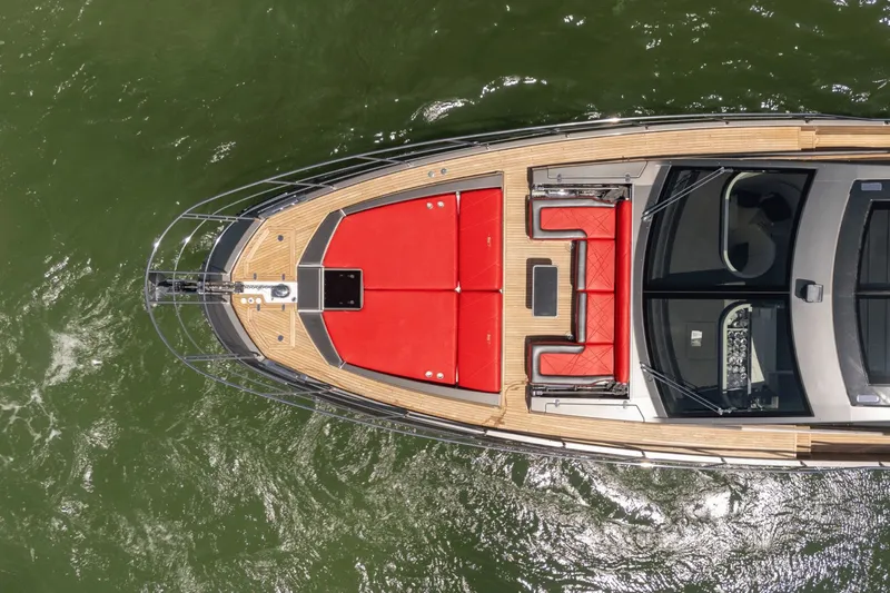 Hard To Get Yacht Photos Pics Overhead view of 2019 Azimut S7 yacht with red seating on deck.