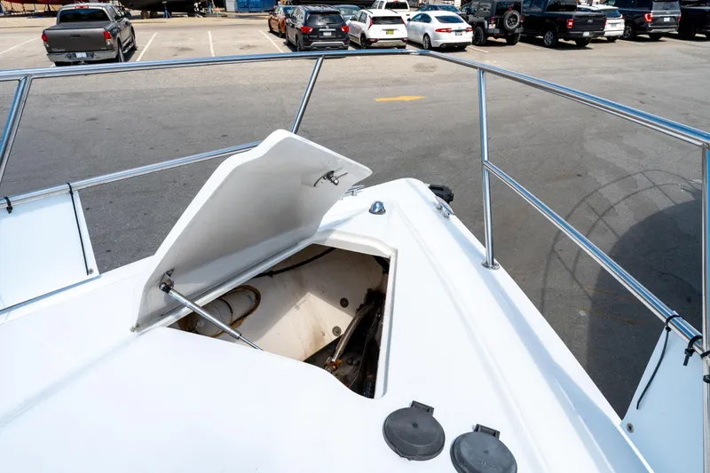  Yacht Photos Pics Open hatch on 2008 Fountain 38 Sportfish Cruiser in parking lot.